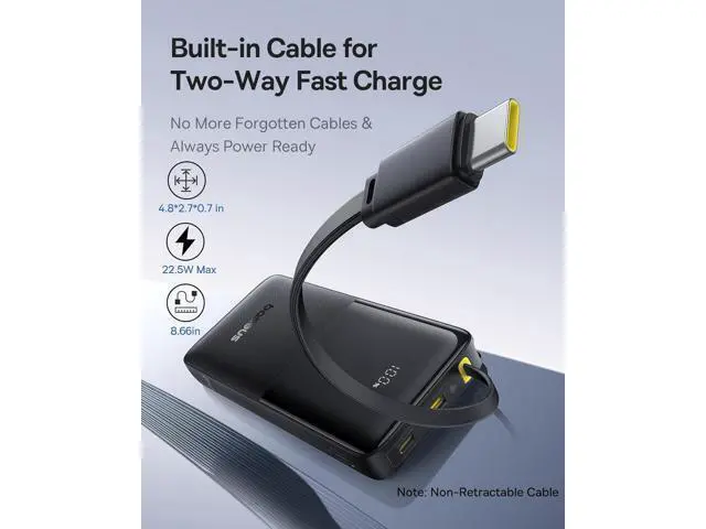 Alt view image 2 of 7 - Portable Charger 10000mAh Fast Charging Power Bank 22.5W PD3.0 QC3.0 Battery Pack Built-in USB C Braided Cable Travel Essentials Portable Phone Charger for iPhone 17 16 15 iPad S25/S24