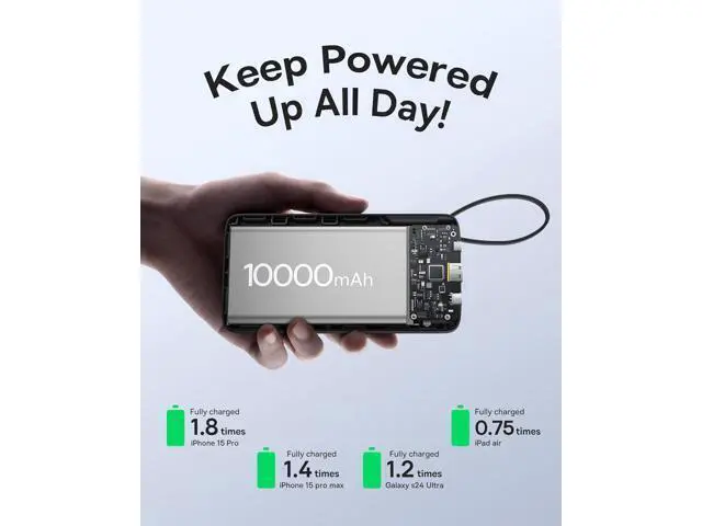 Alt view image 6 of 7 - Portable Charger 10000mAh Fast Charging Power Bank 22.5W PD3.0 QC3.0 Battery Pack Built-in USB C Braided Cable Travel Essentials Portable Phone Charger for iPhone 17 16 15 iPad S25/S24