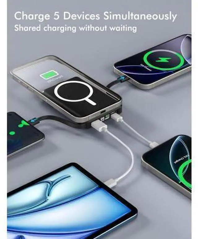Alt view image 2 of 7 - for Magsafe Battery Pack 10000mAh Magnetic Power Bank Built-in Double USB C Cables 22.5W PD Fast Charging LED Display Wireless Portable Charger for iPhone 17/16/15/14/13/12 Series-Black
