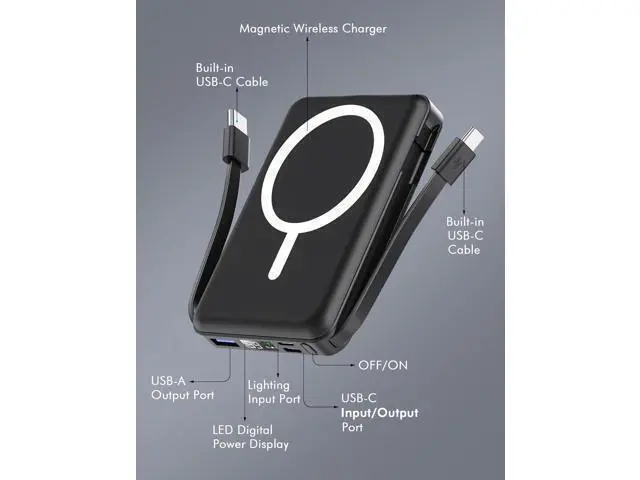 Alt view image 3 of 7 - for Magsafe Battery Pack 10000mAh Magnetic Power Bank Built-in Double USB C Cables 22.5W PD Fast Charging LED Display Wireless Portable Charger for iPhone 17/16/15/14/13/12 Series-Black
