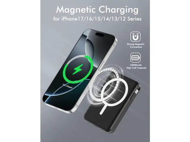Alt view image 5 of 7 - for Magsafe Battery Pack 10000mAh Magnetic Power Bank Built-in Double USB C Cables 22.5W PD Fast Charging LED Display Wireless Portable Charger for iPhone 17/16/15/14/13/12 Series-Black