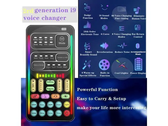 Alt view image 2 of 6 - Portable Voice Changer, 2rd Generation i9 Live Sound Card, Cool Lights Sound Board - Voice Disguiser/Modulator for PS4/PS5/Xbox One/PC/Phone/Laptops with Adjustable Voice Functions