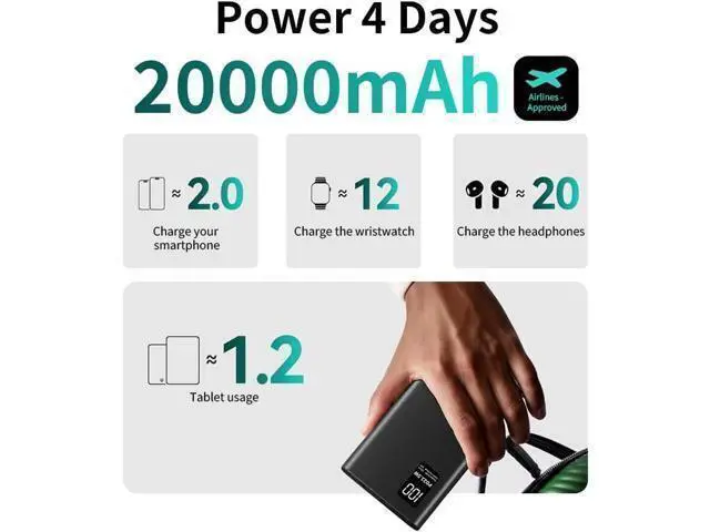 Alt view image 5 of 6 - 20000mAh Portable Charger 22.5W USB C in & Out Power Bank Fast Charging PD 3.0+QC 4.0 LED Display Phone Battery Man Women Heated Clothing Black
