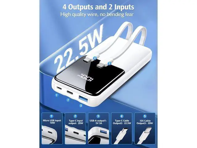 Alt view image 2 of 6 - Portable Charger Power Bank - 20000mAh Fast Charging Portable Battery Pack with Built in USB-C(22.5W) and iOS(20W) Output Cables Compatible with iPhone Android Phone etc (1 Pack White)