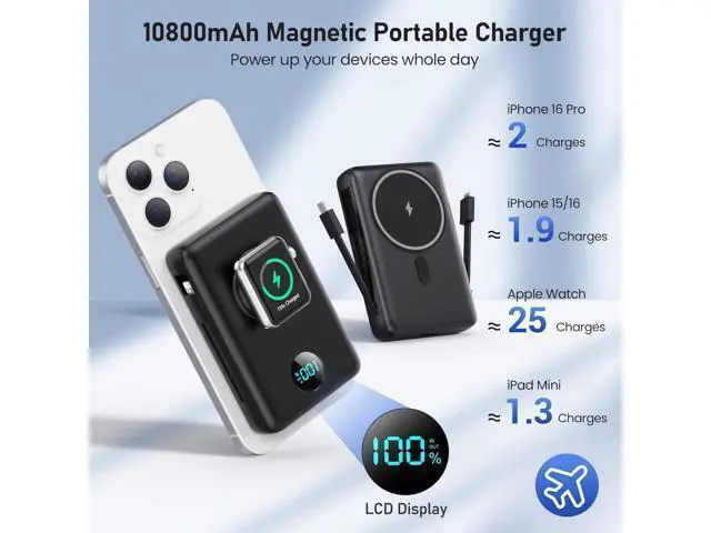 Alt view image 2 of 6 - Magnetic Portable Charger for iPhone with Built-in Cables 6-in-1 10800mAh Power Bank with iWatch Charger & LCD Display 25W Fast Charging Battery Pack for Magsafe iPhone 17/16/15/14/13/12 Watch