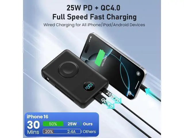 Alt view image 4 of 6 - Magnetic Portable Charger for iPhone with Built-in Cables 6-in-1 10800mAh Power Bank with iWatch Charger & LCD Display 25W Fast Charging Battery Pack for Magsafe iPhone 17/16/15/14/13/12 Watch