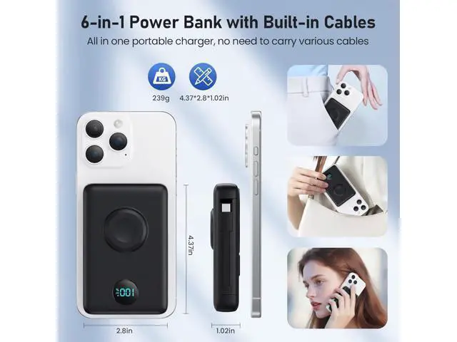 Alt view image 6 of 6 - Magnetic Portable Charger for iPhone with Built-in Cables 6-in-1 10800mAh Power Bank with iWatch Charger & LCD Display 25W Fast Charging Battery Pack for Magsafe iPhone 17/16/15/14/13/12 Watch