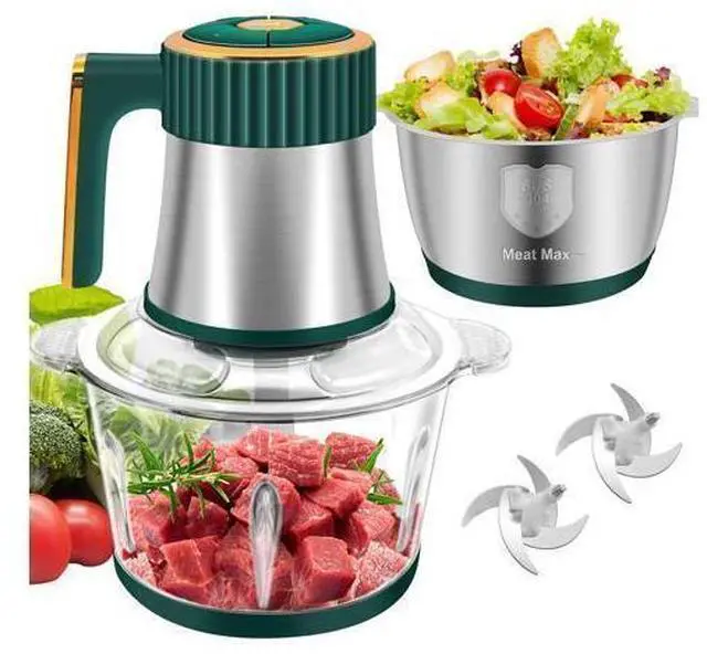 Main image of Food Processor, 5-Speed Electric Food Chopper, Meat Grinder with 2 Bowls (8 Cup+8 Cup) & 2 Sets of Blades, Meat Processor for Meat, Vegetables, Fruits and Nuts (Green)
