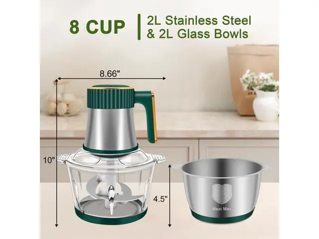 Alt view image 4 of 7 - Food Processor, 5-Speed Electric Food Chopper, Meat Grinder with 2 Bowls (8 Cup+8 Cup) & 2 Sets of Blades, Meat Processor for Meat, Vegetables, Fruits and Nuts (Green)