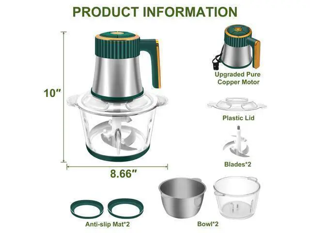 Alt view image 7 of 7 - Food Processor, 5-Speed Electric Food Chopper, Meat Grinder with 2 Bowls (8 Cup+8 Cup) & 2 Sets of Blades, Meat Processor for Meat, Vegetables, Fruits and Nuts (Green)