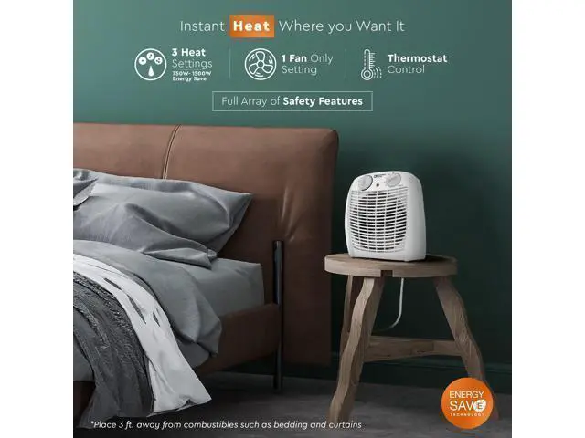 Alt view image 2 of 7 - CZ45E 750/1,500-Watt Fan-Forced Personal Heater with Adjustable Thermostat, Overheat Protection, Safety Tip-Over Switch, Energy Save Features, and Convenient Carry Handle, White