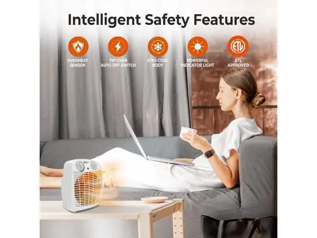 Alt view image 4 of 7 - CZ45E 750/1,500-Watt Fan-Forced Personal Heater with Adjustable Thermostat, Overheat Protection, Safety Tip-Over Switch, Energy Save Features, and Convenient Carry Handle, White