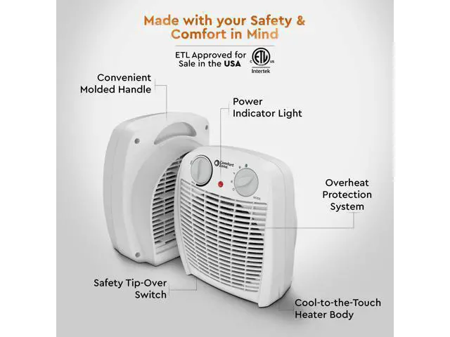 Alt view image 5 of 7 - CZ45E 750/1,500-Watt Fan-Forced Personal Heater with Adjustable Thermostat, Overheat Protection, Safety Tip-Over Switch, Energy Save Features, and Convenient Carry Handle, White