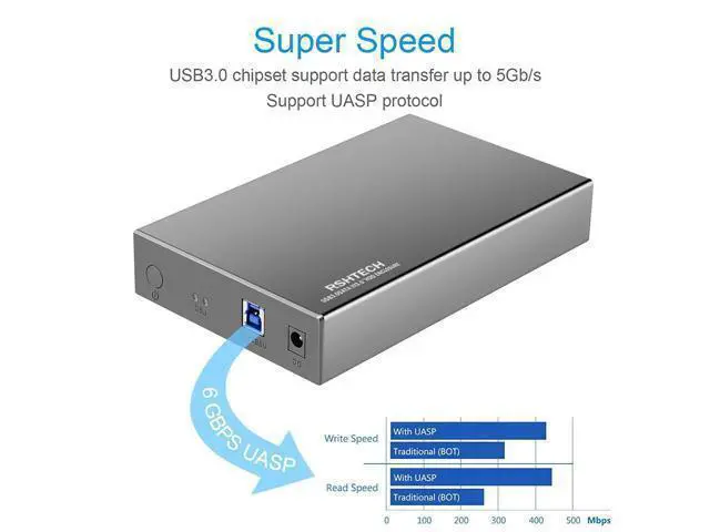 Alt view image 4 of 5 - Hard Drive Enclosure RSHTECH USB 3.0 to SATA Aluminum External Hard Drive Dock Case for 3.5 inch HDD SSD up to 16TB Drives, Support UASP (RSH-339)