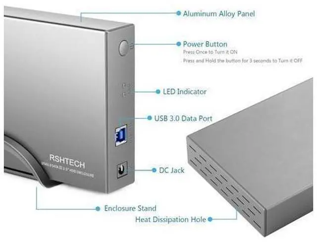 Alt view image 5 of 5 - Hard Drive Enclosure RSHTECH USB 3.0 to SATA Aluminum External Hard Drive Dock Case for 3.5 inch HDD SSD up to 16TB Drives, Support UASP (RSH-339)