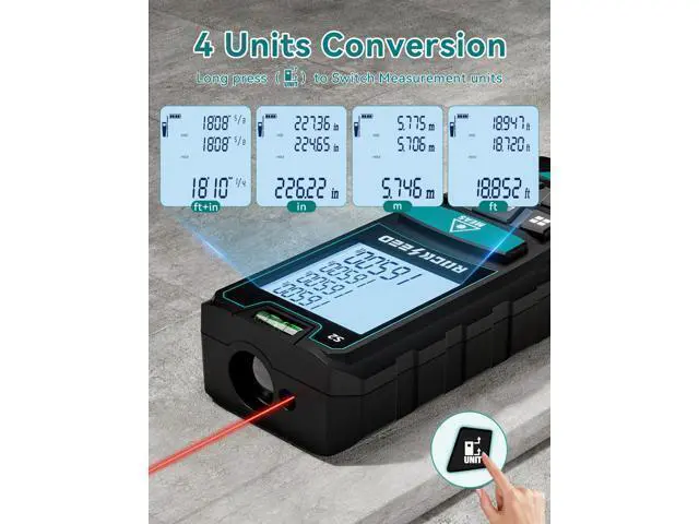 Alt view image 3 of 7 - Laser Measure,RockSeed Digital Laser Distance Meter with 2 Bubble Levels,Portable M/in/Ft Unit Switching Backlit LCD and Measuring Distance/Area/Volume/Pythagorean