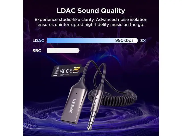 Alt view image 2 of 7 - Aux to Bluetooth 6.0 Car Adapter with LDAC, 3.5mm Aux Adapter Built-in Microphone, Car Bluetooth Audio Receiver for Hands-Free Calls Compatible with Speaker & Home Audio