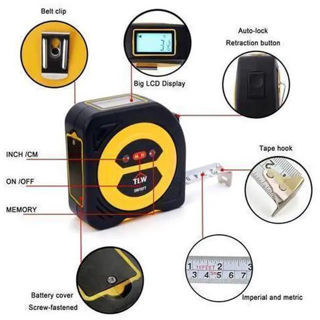 Alt view image 5 of 6 - Digital Tape Measure 16ft/5m, 25mm Wide Blade Retractable Measuring Tape with Easy Read LCD Screen, 9 Data Memory, 2-in-1 Auto Lock Metric and Imperial Units