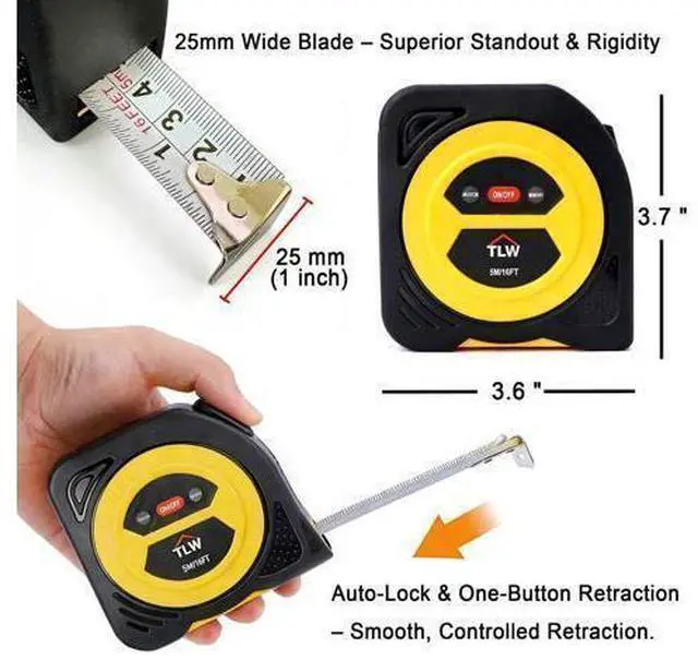 Alt view image 6 of 6 - Digital Tape Measure 16ft/5m, 25mm Wide Blade Retractable Measuring Tape with Easy Read LCD Screen, 9 Data Memory, 2-in-1 Auto Lock Metric and Imperial Units