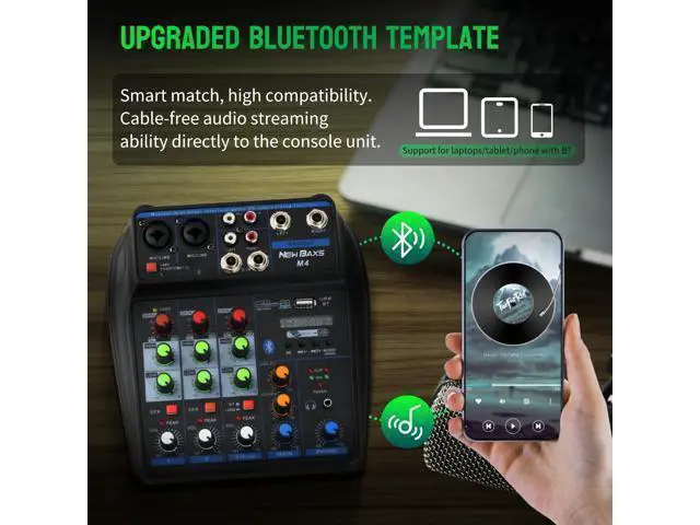 Alt view image 3 of 7 - DJ Audio Mixer, DJ Mixers 4 Channel Sound Board with Bluetooth, NEW BAXS Sound Mixer Board XLR/1/4" Interface, USB/MP3 Computer Input 48V Phantom Power Stereo DJ Studio Streaming KTV Stage