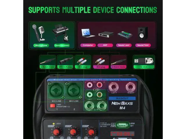 Alt view image 4 of 7 - DJ Audio Mixer, DJ Mixers 4 Channel Sound Board with Bluetooth, NEW BAXS Sound Mixer Board XLR/1/4" Interface, USB/MP3 Computer Input 48V Phantom Power Stereo DJ Studio Streaming KTV Stage