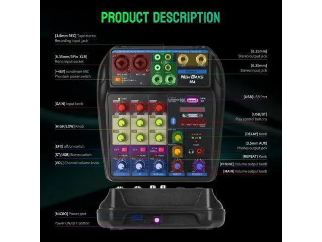 Alt view image 5 of 7 - DJ Audio Mixer, DJ Mixers 4 Channel Sound Board with Bluetooth, NEW BAXS Sound Mixer Board XLR/1/4" Interface, USB/MP3 Computer Input 48V Phantom Power Stereo DJ Studio Streaming KTV Stage