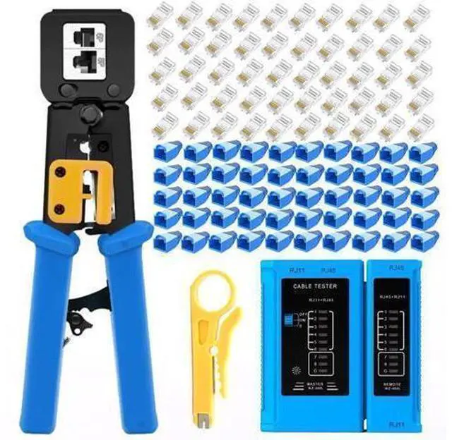 Main image of rj45 Crimping Tool for Cat6 Cat5e Cat5, Sturdy Crimper for rj45 rj12/11 Pass-Through Connectors with 50pcs rj45 Cat5e Pass-Through Connectors, 50pcs Covers, Wire Stripper; Network Cable Tester