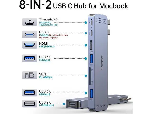 Alt view image 2 of 7 - USB C Hub Adapter for MacBook Pro/Air M4 M3 M2 M1 2025-2018 13 14 15 16 Mac Multiport Adapter 8 in 2 MacBook Accessories Dongle with HDMI 4K Thunderbolt 3 USB C&A Data Ports SD TF Card Reader