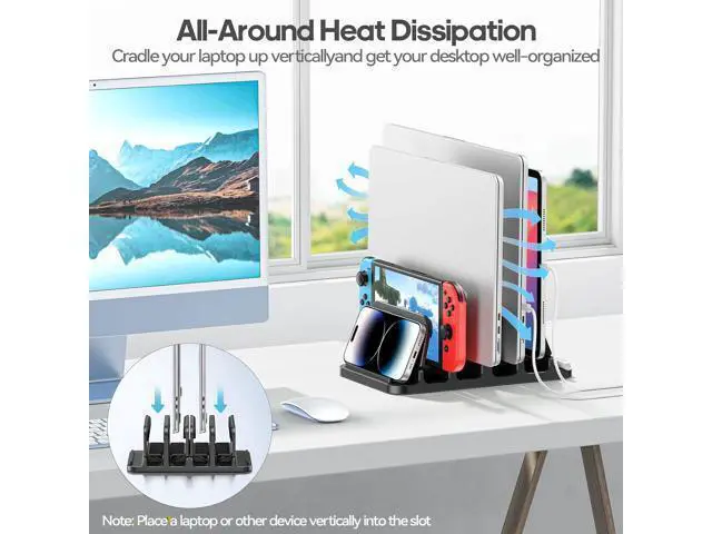 Alt view image 3 of 7 - 4-Slot Vertical Laptop Stand with Gravity Locking 6-in-1 Laptop Holder Desktop Stand Space-Saving Organizer Fits MacBook/Surface/HP//Book/Tablet/Switch/Cell Phone and Keyboard
