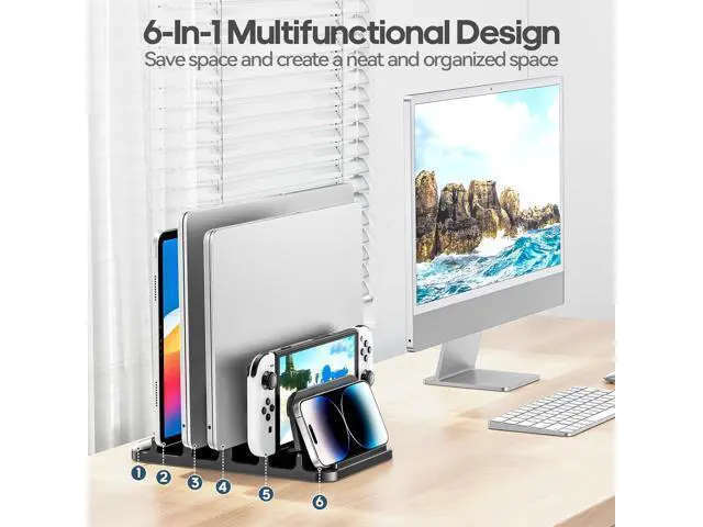 Alt view image 2 of 7 - 4-Slot Vertical Laptop Stand with Gravity Locking 6-in-1 Laptop Holder Desktop Stand Space-Saving Organizer Fits MacBook/Surface/HP//Book/Tablet/Switch/Cell Phone and Keyboard