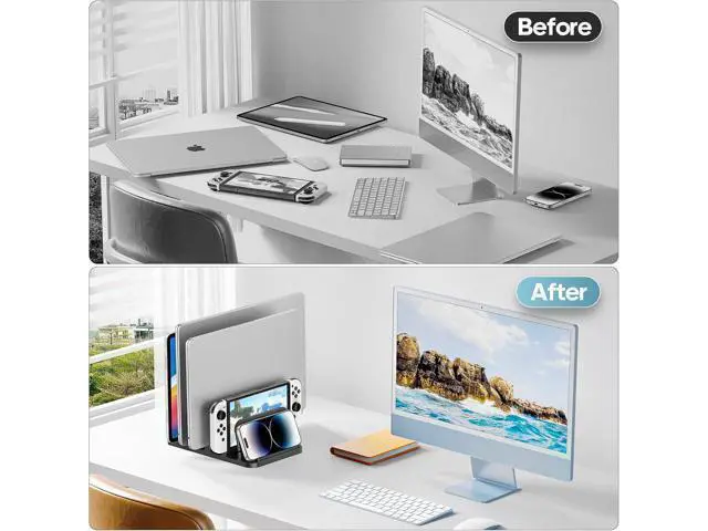 Alt view image 7 of 7 - 4-Slot Vertical Laptop Stand with Gravity Locking 6-in-1 Laptop Holder Desktop Stand Space-Saving Organizer Fits MacBook/Surface/HP//Book/Tablet/Switch/Cell Phone and Keyboard