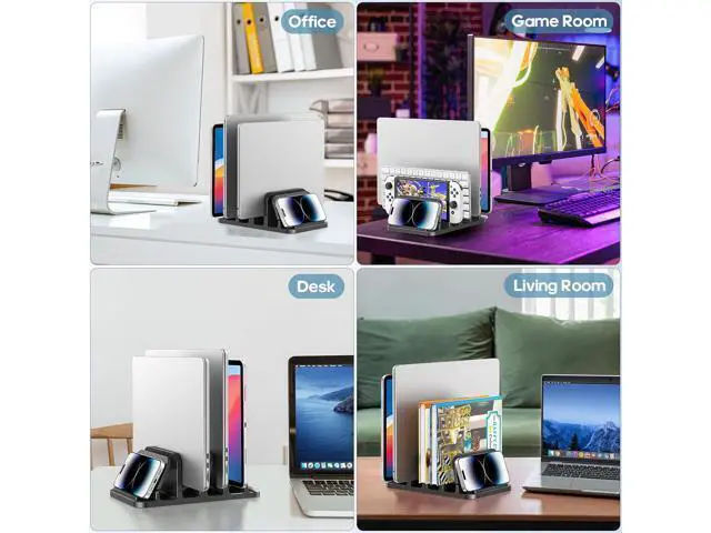 Alt view image 6 of 7 - 4-Slot Vertical Laptop Stand with Gravity Locking 6-in-1 Laptop Holder Desktop Stand Space-Saving Organizer Fits MacBook/Surface/HP//Book/Tablet/Switch/Cell Phone and Keyboard
