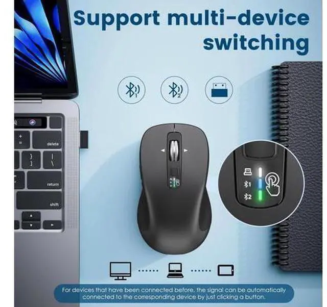 Alt view image 5 of 7 - Wireless Bluetooth Mouse (USB + BT1 + BT2) Full Size 4-Way Scrolling Multi-Device Silent Mouse for Computer Laptop iPad MacBook (Grey)