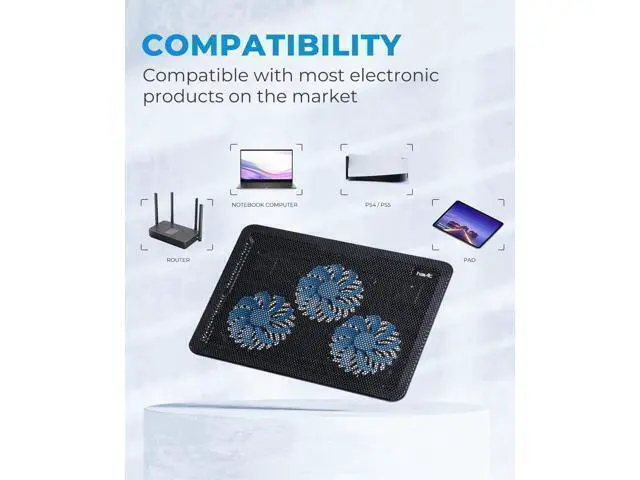 Alt view image 3 of 7 - HV-F2056 15.6"-17" Laptop Cooler Cooling Pad - Slim Portable USB Powered (3 Fans), Black/Blue