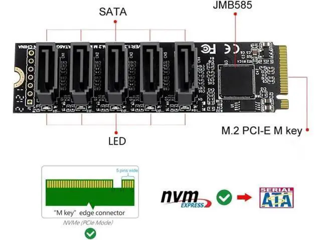 Alt view image 5 of 7 - Aomoproing M.2 NGFF NVME M-Key PCI Express to SATA 3.0 6Gbps 5 Ports Adapter Converter Hard Drive Extension Card JMB585 2280