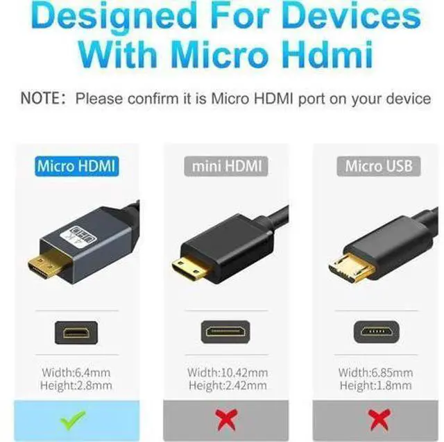 Alt view image 6 of 7 - 4K Micro HDMI to HDMI Cable 1FT Short High-Speed Full HDMI to Micro HDMI Braided Cord Support 3D 4K/60Hz 1080p