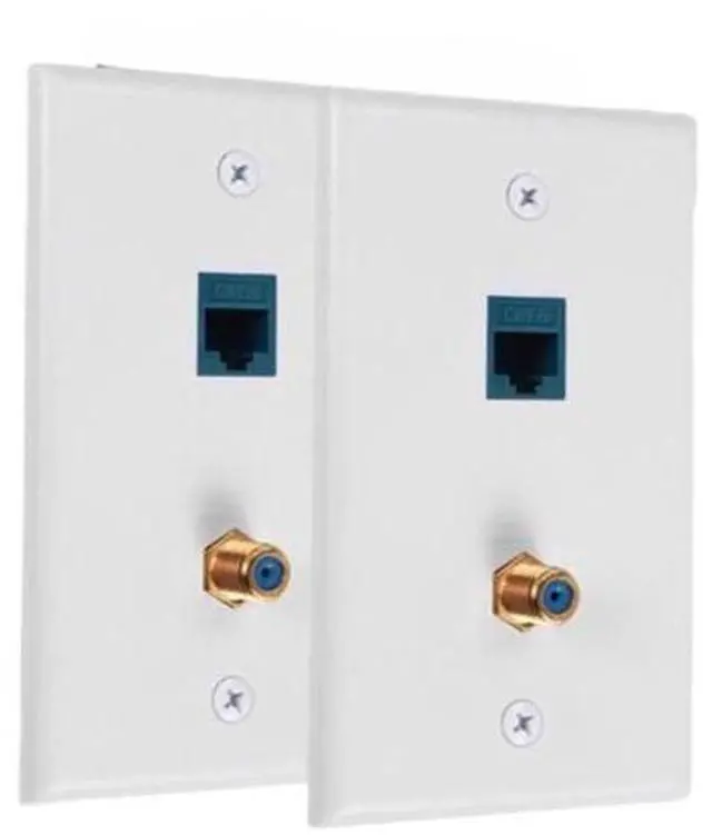 Main image of 2 Pack Ethernet Coax Wall Plate Jack with 1 6S Port and 1 Gold Plated Coax F-Type Port RJ45 Wall Plate