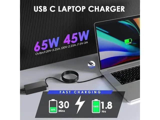Alt view image 2 of 6 - 65W USB C Laptop Charger Compatible with Thinkpad Laptop and More USB Type C Power Adapter Cord