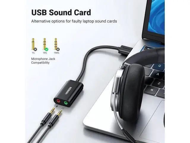 Alt view image 4 of 5 - USB to Audio Jack Sound Card Adapter with Dual TRS 3-Pole 3.5mm Headphone and Microphone USB to Aux 3.5mm External Audio Converter for Windows Mac Linux PC Laptops Desktops PS5 Switch 2