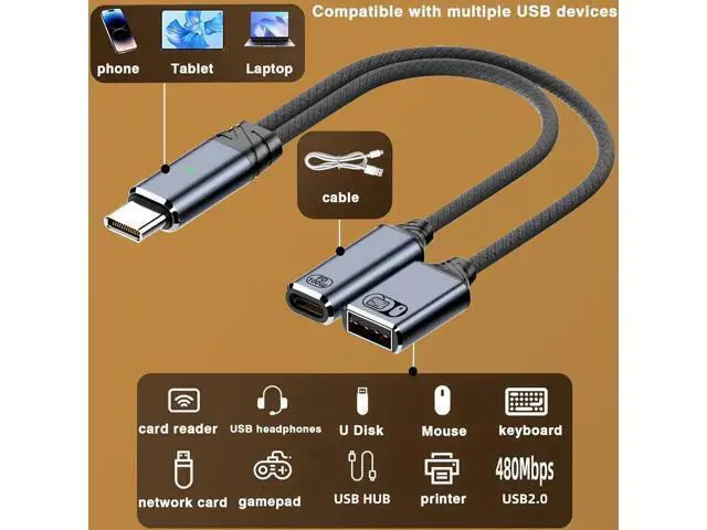 Alt view image 4 of 6 - USB C to USB OTG Cable and Charger Adapter 2-in-1 Type C Splitterr with PD 60W Charging Port and USB 2.0 Female Port Suitable for iPhone 16/15 Series iPad MacBook Galaxy (Gray)
