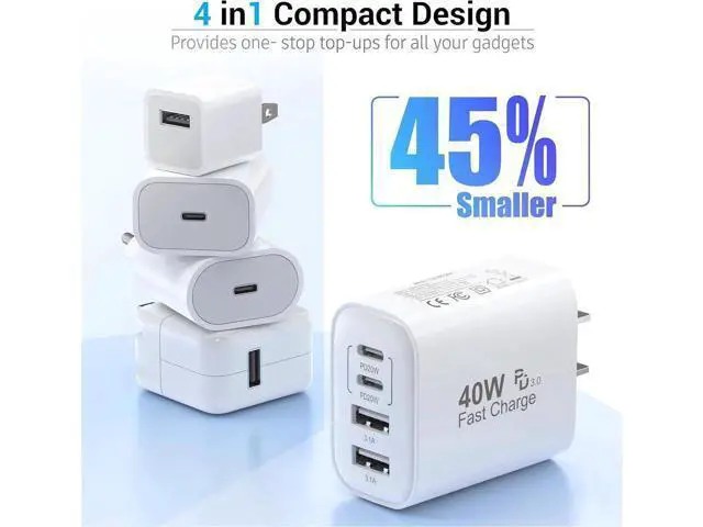 Alt view image 3 of 7 - USB C Block 40W 4 Ports Wall Plug Fast Charging Block PD+QC Multiport Power Adapter USB C Charger Type C for iPhone 16 15 14 13 12 11 Pro Max X Xr Xs 8 7 Watch Galaxy Phones (White 1Pack)