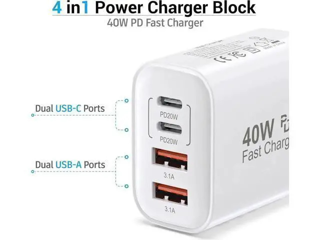 Alt view image 6 of 7 - USB C Block 40W 4 Ports Wall Plug Fast Charging Block PD+QC Multiport Power Adapter USB C Charger Type C for iPhone 16 15 14 13 12 11 Pro Max X Xr Xs 8 7 Watch Galaxy Phones (White 1Pack)