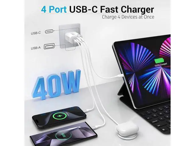 Alt view image 7 of 7 - USB C Block 40W 4 Ports Wall Plug Fast Charging Block PD+QC Multiport Power Adapter USB C Charger Type C for iPhone 16 15 14 13 12 11 Pro Max X Xr Xs 8 7 Watch Galaxy Phones (White 1Pack)