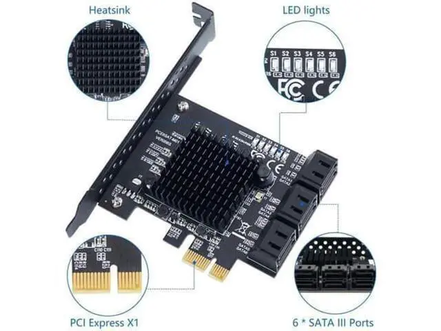 Alt view image 6 of 7 - 6 Port PCIe SATA 3.0 Expansion Card, 6Gbps PCIe SATA Controller with 6 SATA Cables + SATA Power Splitter Cable, Low Profile Bracket, Support Boot as System Disk