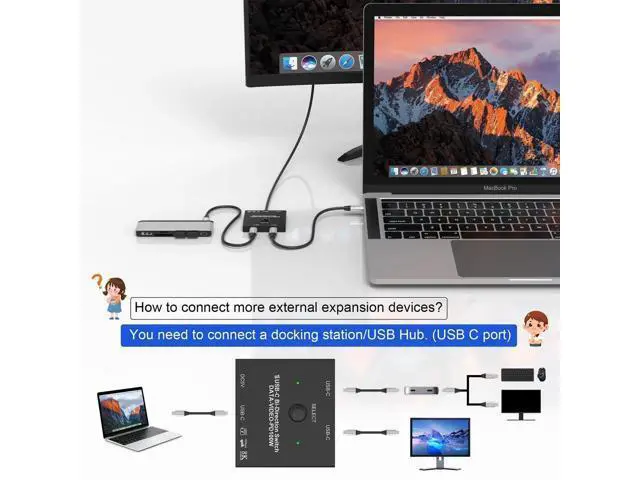 Alt view image 3 of 7 - Bi-Directional 8K USB C Switch, 2 Port USB-C KVM Switch Splitter 8K@60Hz 4K@120Hz, Support 100W Charging 10Gbps Data Video Transfer with 2 USB-C Cables for 2 Computers