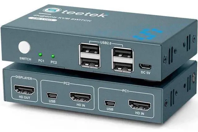 Main image of 2 Port USB 2.0 HDMI KVM Switch, 4K@60Hz UHD KVM Switch Box for 2 Computers Share One Monitor Keyboard Mouse Printer, Built-in 4 USB 2.0 Hub, Button Switch with 2 USB Cables & 1 HDMI Cable
