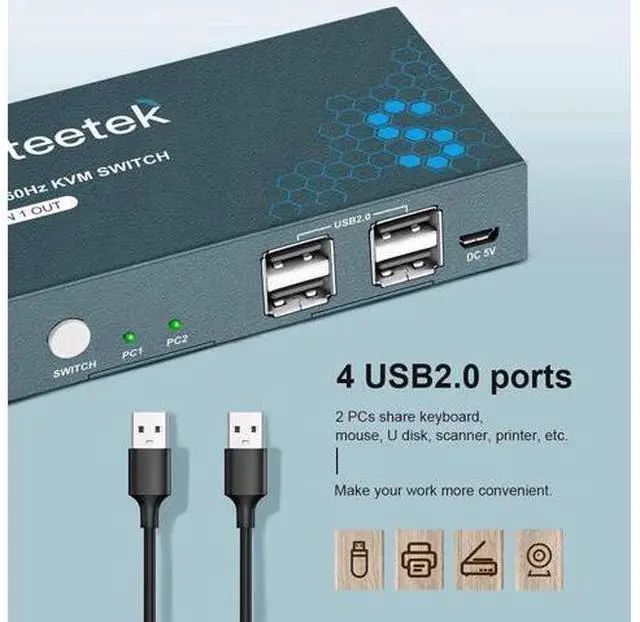 Alt view image 4 of 6 - 2 Port USB 2.0 HDMI KVM Switch, 4K@60Hz UHD KVM Switch Box for 2 Computers Share One Monitor Keyboard Mouse Printer, Built-in 4 USB 2.0 Hub, Button Switch with 2 USB Cables & 1 HDMI Cable