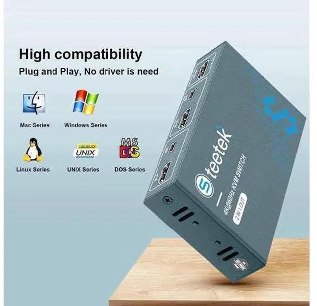 Alt view image 6 of 6 - 2 Port USB 2.0 HDMI KVM Switch, 4K@60Hz UHD KVM Switch Box for 2 Computers Share One Monitor Keyboard Mouse Printer, Built-in 4 USB 2.0 Hub, Button Switch with 2 USB Cables & 1 HDMI Cable