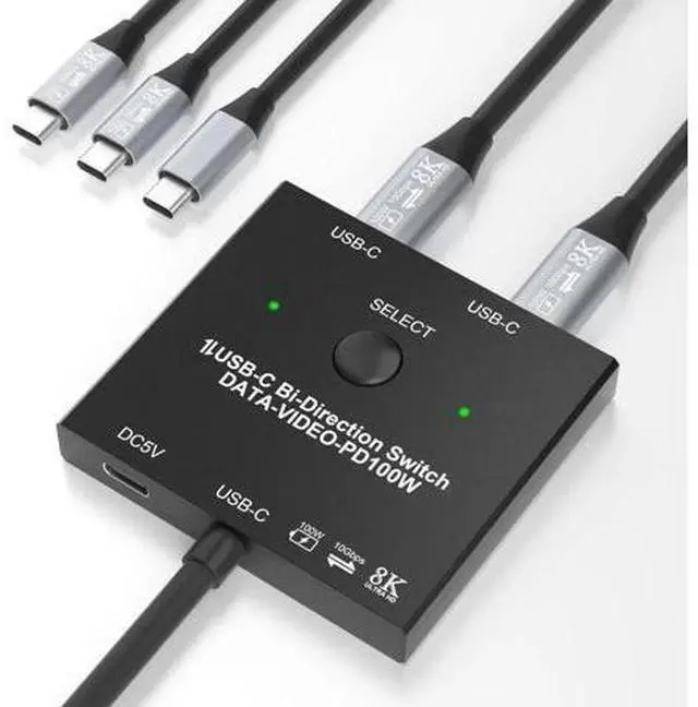 Main image of 8K USB C Switch Bi-Directional for 2 Computers, USB C KVM Switch 8K@60Hz 4K@144Hz with Wired Remote & 2 USB-C Cables, Support 100W Charging 10Gbps Data Video Transfer
