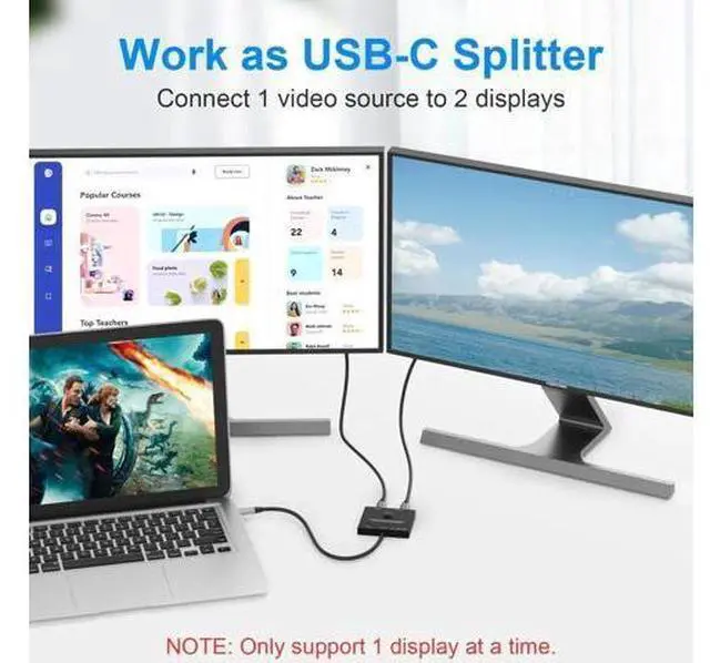 Alt view image 2 of 7 - 8K USB C Switch Bi-Directional for 2 Computers, USB C KVM Switch 8K@60Hz 4K@144Hz with Wired Remote & 2 USB-C Cables, Support 100W Charging 10Gbps Data Video Transfer